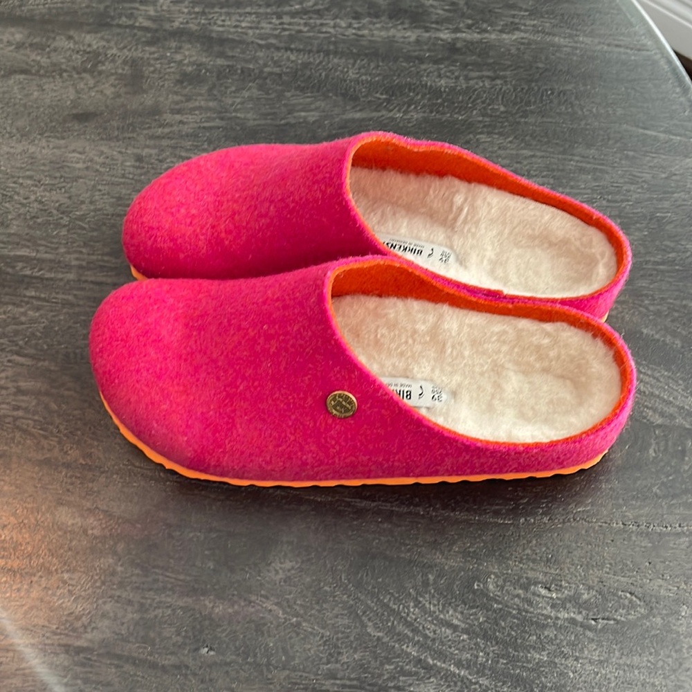 Birkenstock Pink Felt Clog Mules with Orange Sole